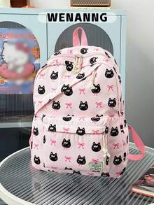 1pc Cute School Style Cat/Dog/Bow Print Nylon Backpack, Lightweight Large Capacity School Day Bag, Adjustable Shoulder Strap Bookbag, Suitable For Girls/Teens/Students/Graduates, Ideal For Daily Use, Outings, Travel, School And Back To School Season. - Multicolor - View 2