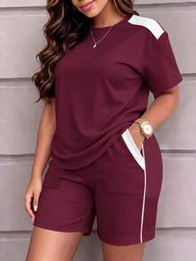 Spring Summer Autumn Women's Casual Round Neck Short Sleeve Top And Shorts Set, With Pockets, Slightly Elastic Fabric Elegant - Wine Red 29 + White - View 2