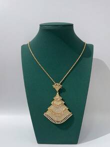 Juego de 3 piezas de accesorios de joyería para mujer con diseño en forma de abanico de cobre y circonita cúbica, para boda y vestido de novia, estilo nuevo de Dubái en Oriente Medio, pendientes y collar de novia dorados, conjunto de 2 piezas con cadena, regalo de San Valentín - Dorado - Ver 3