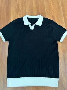GRDR 男士夏季輕量針織短袖上衣，對比飾邊設計，時尚休閒 T-shirt - 黑色 - 查看 7
