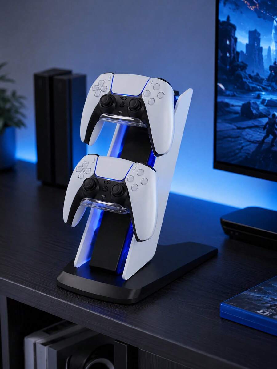 Dual Charging Station Compatible With PS5 Game Controllers, With Protection Chip And LED Indicator, Airplane-Shaped Dual Base Charger, Can Charge Two Controllers Simultaneously. 5 Controller Charging Dock, Supports Dual Type-C Fast Charging And LED Indicator, Suitable For PlayStation 5/ DualSense Controllers. - Black and White - View 1