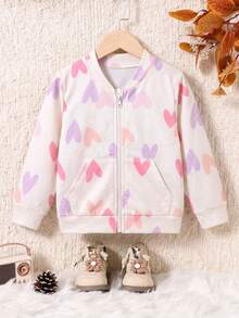 Young Girls Casual Sweet Versatile Cute Heart Print Stand Collar Long Sleeve Diagonal Pocket Zipper Jacket Top Autumn/Winter - Pink - View 2