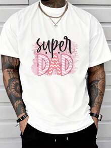 1 Stk. süßes lässiges T-Shirt aus 100 % Baumwolle mit Rundhalsausschnitt, weicher rosa Zickzack-Super-Dad-Slogan-Frontdruck, Sommer-Brunch-Geschenk für Väter - Weiss - Übersicht 1
