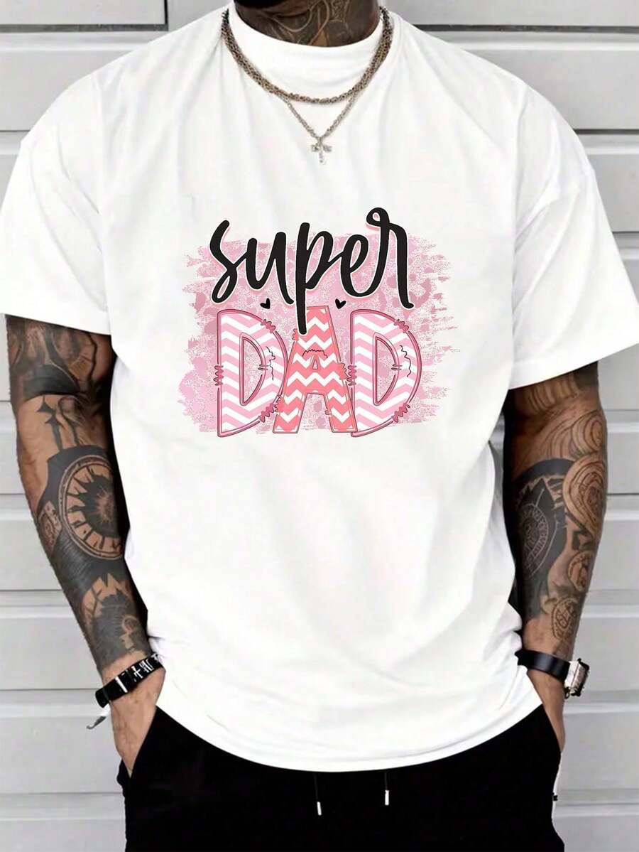 1 Stk. süßes lässiges T-Shirt aus 100 % Baumwolle mit Rundhalsausschnitt, weicher rosa Zickzack-Super-Dad-Slogan-Frontdruck, Sommer-Brunch-Geschenk für Väter - Weiss - Übersicht 1