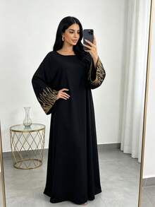 1pc Solid Color Elegant Embroidered Wheat Ear Traditional Muslim Dress, Suitable For Friends Gathering, Family Dinner, Versatile - Multicolor - View 1