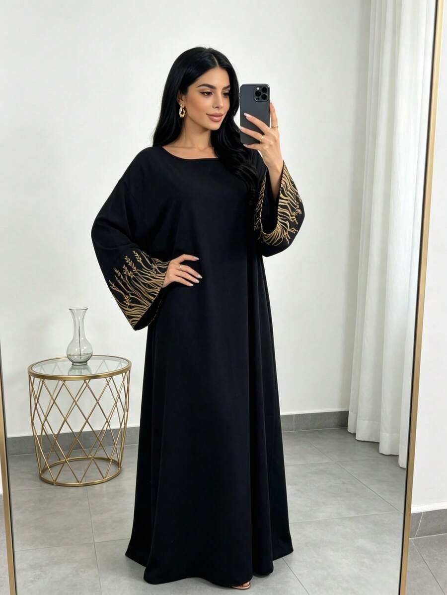 1pc Solid Color Elegant Embroidered Wheat Ear Traditional Muslim Dress, Suitable For Friends Gathering, Family Dinner, Versatile - Multicolor - View 1