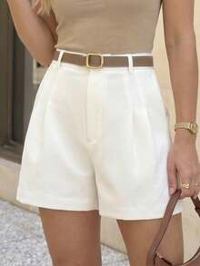 Women's Solid Color Pleated Casual Shorts, Suitable For Casual Gatherings, Outings Or Travel, Single Piece Solid Color Casual Style - White - View 4