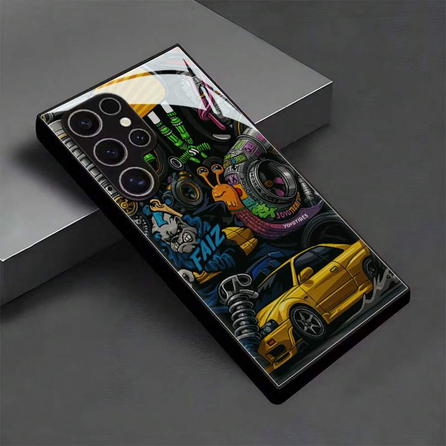 Handyhülle: Cartoon-Mechanik-Teile-Thema Schwarze Gehärtete Glas Hülle, Geeignet für Galaxy S25/S24/S23/S22/S21/S20/Ultra/Plus/S10/Plus/Note20/Ultra/A71/A51/A56/A32/A36/A23/A26/A14/A05/A06/A03s/A05s, Kreativ und Stilvoll - Schwarz - Übersicht 1