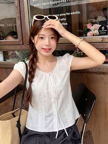 韓式新款甜美修身領結設計百搭顯瘦花瓣袖輕盈短袖女款夏季上衣 白色 - 白色 - 查看 3