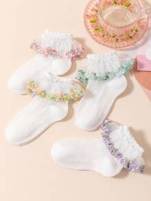 1/4雙春夏女童/嬰兒白色蕾絲襪、粉色蕾絲刺繡花朵荷葉邊襪、可愛時尚網眼透氣耐穿彩色蕾絲百褶襪，適合返校/生日派對/舞蹈表演/戶外活動，多種組合可選 - 彩色 - 查看 5