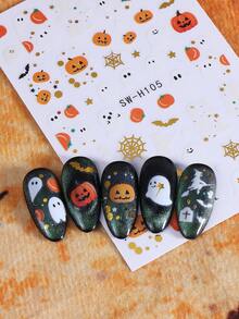 2 Stück Halloween Gruselige Nagelaufkleber, süße Cartoon Kürbis Geist Hexenhut Spinnennetz Nagelaufkleber, selbstklebendes Horror-Stil Nagelkunst Design Nageldekoration - Verschiedenfarbig - Übersicht 5