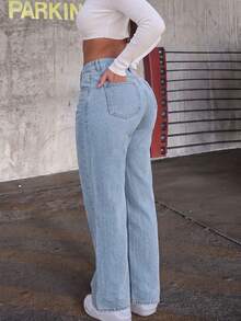 Daily Wear Straight Leg Denim Jeans, Loose Comfortable Design, Side Pockets Basic Style Women's Pants - Light Wash - View 3