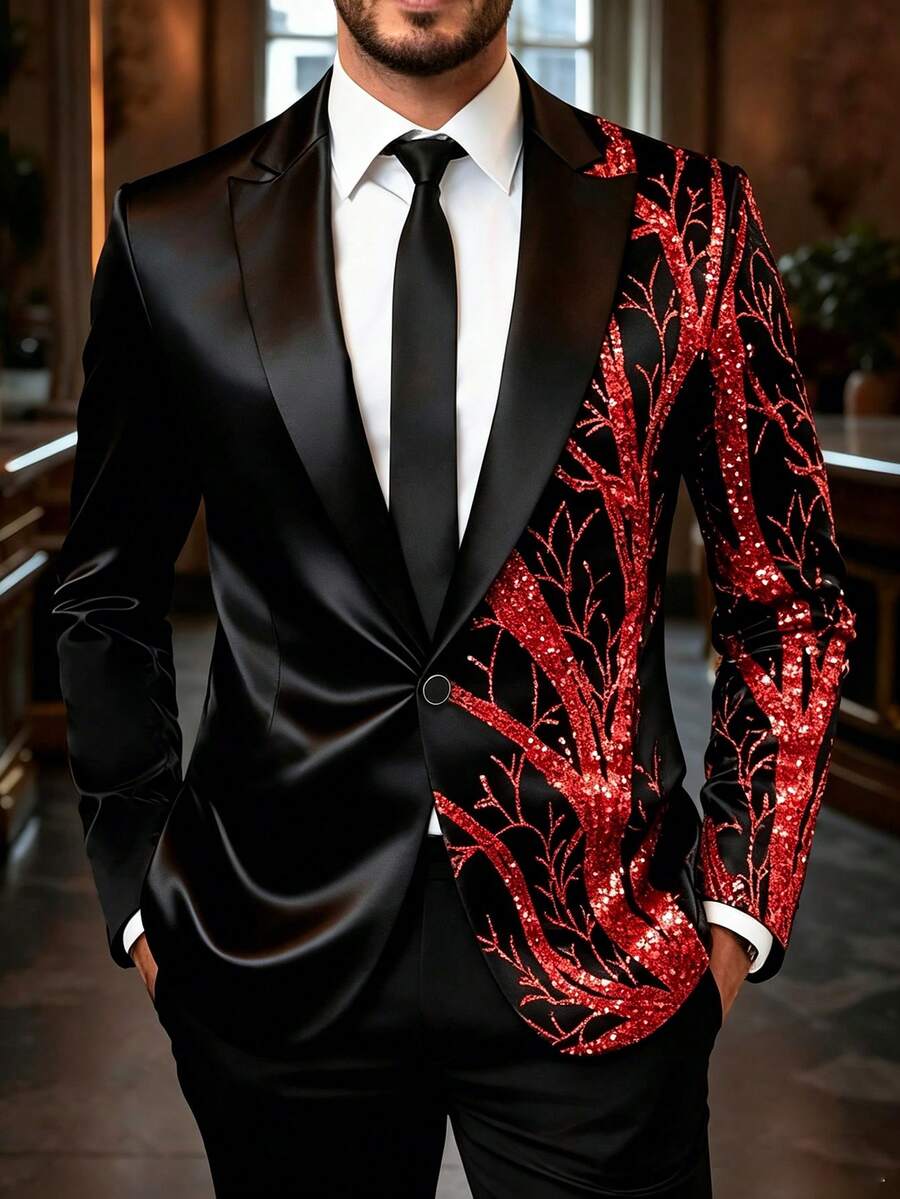 Men's Vine Sequin Single Button Casual Versatile Commute Travel Long Sleeve Blazer - Red - View 1