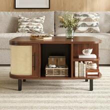 Coffee Table, Side Table, Curved Shape, Woven Surface, MDF Body, Metal Handles, Metal Legs, Storage Space, Living Room Table - 核桃 - 查看 5