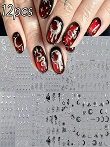 12pcs 5D Gothic Metallic Silver Nail Stickers, Y2K Snake Moon Star Embossed Decals For Acrylic Nails DIY Punk Manicure Decoration Sticker - Multicolor - View 13
