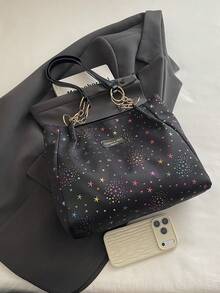 1 pieza Bolso de hombro de moda con cremallera de gran capacidad, de fibra de poliéster con patrón de estrellas de colores y colgante de nube, adecuado para el uso diario de las mujeres - Multicolor - Ver 3