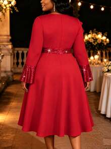 AOMEI Plus Size Women's Elegant Luxurious Red Mid-Length A-Line Dress, Long Flared Sleeve Design, Round Neck With Ruffle Trim, Suitable For Wedding, E - Red - View 8