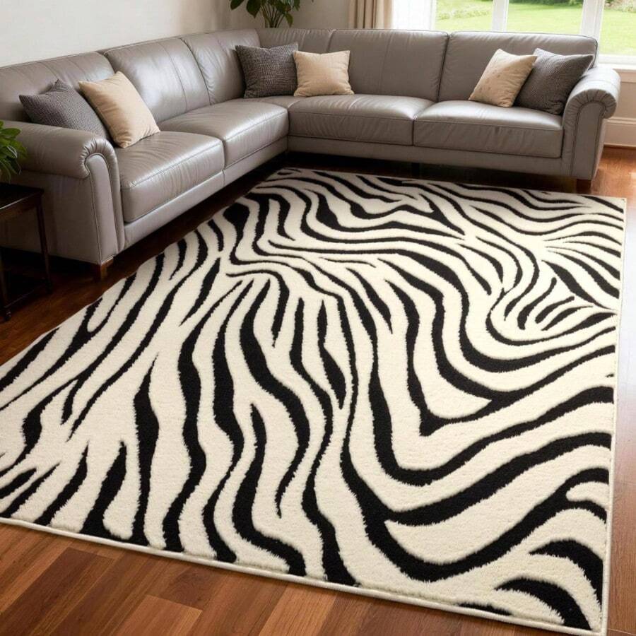 Karpet Area 5x7 Kaki, Karpet Abstrak yang Dapat Dicuci, Karpet Hitam Putih Modern untuk Kamar Tidur, Ruang Tamu, Ruang Makan, Kantor, Ruang Bermain, Dekorasi Rumah, Karpet Zebra Tipis Anti Selip dan Tidak Mudah Rontok