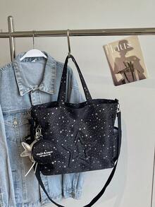 新款 Y2K 甜酷風 3D 五角星與星星碎片帆布托特包 女款，多口袋大容量單肩斜跨包，附側袋、可拆卸零錢包與星星掛飾 - 黑色 - 查看 8