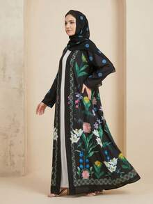 Hafizah 新款時尚印花開襟外套與長洋裝頭巾2件套女裝 - 黑色 - 查看 3