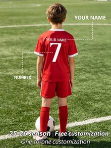 2pcs/Set Personalized Allover Print Football Outfit For Boys, Custom Name & Number/Club Logo Design, Sports Player Jersey, Children Sports Set, Girls Sports Set, 2pcs Boys Football Uniform Set, Custom Name & Idol Design, Short Sleeve & Shorts Set, Suitable For Boys/Girls Sports, Cycling, Outdoor Running, Soccer, Celebrity Same Style Uniform - 紅色 - 查看 2