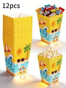 24/12pcs/1pc Beach Theme Popcorn Paper Boxes, Paper Candy Containers, Summer Tropical Palm Tree Sun Wave Pattern, Suitable For Hawaiian BBQ Party, Beach Party - Default - View 10