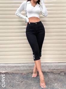 Women's Plus Size Stretch Button Capri Length Jeans, Autumn Essential - Black - View 3