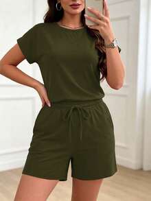 Setelan Piyama Elegan untuk Wanita: Kaos Lengan Pendek Warna Polos Gaya Vintage Kerah Bulat dan Celana Pendek Pinggang Elastis dengan Tali Serut, Cocok untuk Musim Semi/Panas/Gugur - Hijau Tentara - View 5