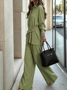 Setelan 2 Potong Wanita Kasual Warna Hijau Zaitun dengan Kemeja Lengan Panjang Berkerah dan Kancing, Celana Panjang Lebar dengan Hiasan Simpul, Elegan. - Olive Green - View 4