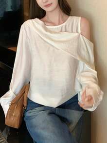 French Style Asymmetrical White Off-Shoulder Long Sleeve Blouse For Women - White - View 7
