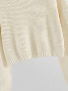 Beige Crew Neck Knit Sweater, Fine Soft Knit Fabric Gentle On Skin, Dropped Shoulder Sleeves Flatter Arm Lines, Solid Color Basic Style Suitable For Layering With Various Outerwear - Beige - View 3