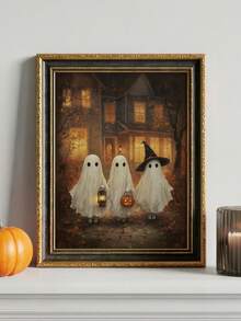 1pc Canvas Wall Art, Framed Wall Decor, Vintage Halloween Ghost Pumpkin Lantern Canvas Painting, Spooky Autumn Haunted House Oil Painting Poster, Atmospheric Gothic Style Decorative Wall Print, Suitable For Modern Home Decor, Room Decor, Dorm Decor, Bedroom Decor, Living Room Decor, Bathroom Decor, Kitchen Decor, Dining Room Decor, Office Decor - Ghost Pumpkin - View 1