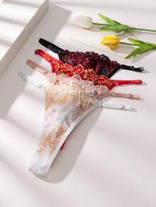 4pcs Women's Seamless Two-Tone Lace Patchwork Adjustable Waist Plus Size Sexy Panties, Elastic Breathable Comfortable Skin-Friendly Underwear - Multicolor - View 8