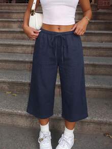 Women's Summer Lightweight Breathable Casual Pants With Elastic Waist Drawstring Loose Drape Relaxed Fit Versatile Fashion Wide Leg 7/8 Length Pants - Navy Blue - View 3