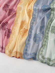 1件女款奢華刺繡歐根紗頭巾，輕盈透氣，陽光下閃亮，春夏旅行必備 - 多色-花朵刺繡 - 查看 6