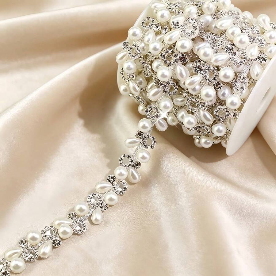 1碼珍珠鏈銀色水鑽裝飾水晶貼花流蘇緞帶珠飾飾邊，適用縫製洋裝、DIY派對、婚禮花束、新娘禮服裝飾