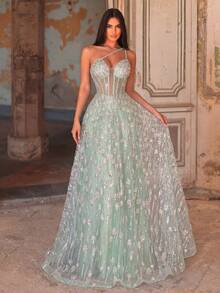 Faeriesty Elegant One-Shoulder Beaded Gown With Exquisite Embroidery, Flared Ball Gown Silhouette For Flattering Figure – Party Wedding Fall - Mint Green - View 4