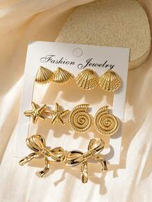 2/10/12pcs Fashion Smooth Left & Right Flower Water Drop Gold Earrings Set, Ocean Multiple Styles Stud Earrings, Suitable For Women's Daily Wear And Beach Vacation - Silver - View 4