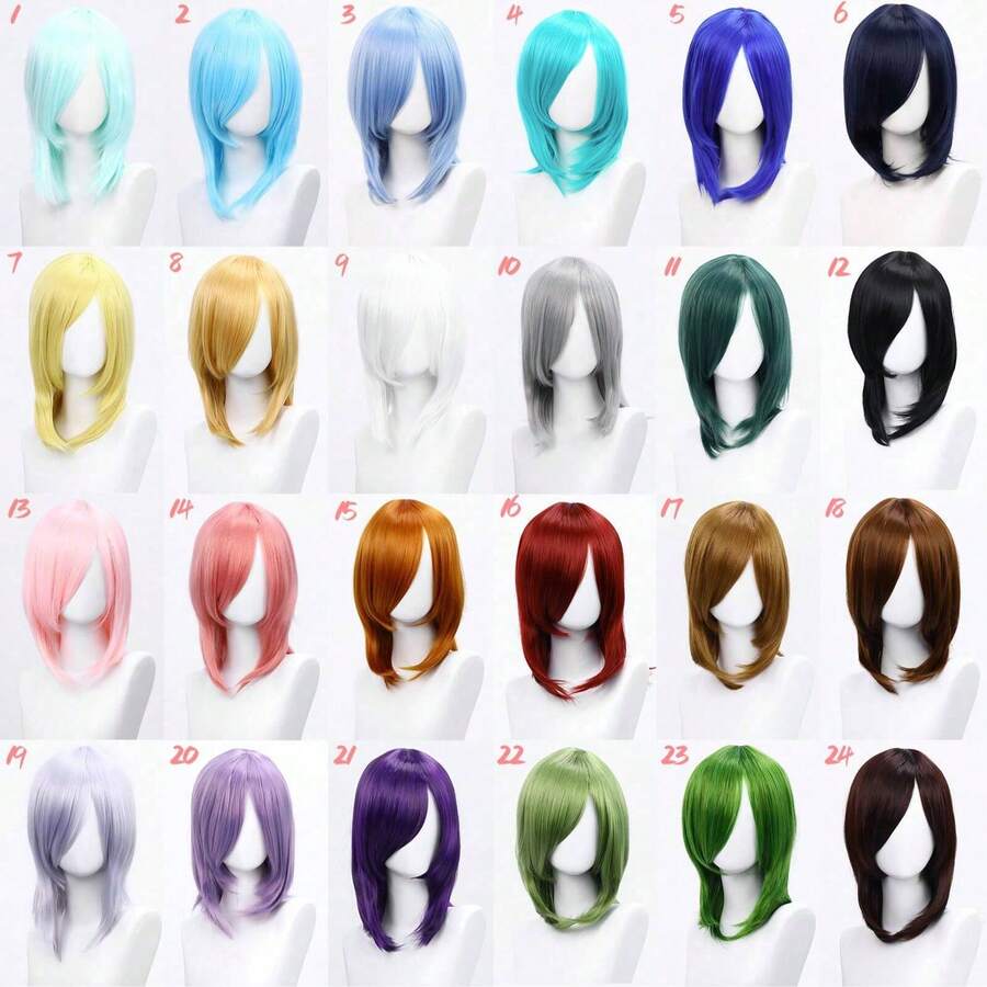 Cosplay短款合成纖維假髮附瀏海,14英吋波波頭通用Cosplay假髮,異裝派對假髮,耐熱纖維髮,自然外觀Cosplay假髮,萬聖節 - 彩色 - 查看 1
