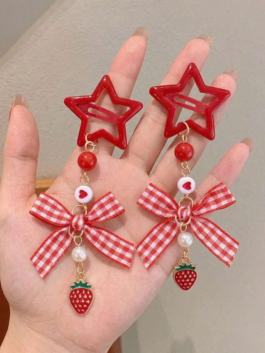 2入紅色草莓星星BB夾,甜美可愛Y2K髮夾,紅白格紋蝴蝶結裝飾夾,青少年髮飾 - 彩色 - 查看 1