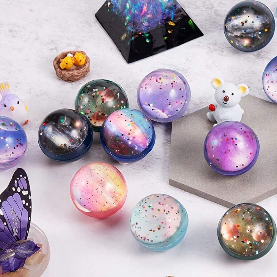 漂浮實心星空宇宙彈力球，兒童派對用品，萬聖節、聖誕節、新年禮物，DIY手工藝，扭蛋機，幼兒園道具，學校獎勵，聖誕襪填充物（隨機顏色）