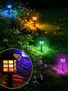 6pcs Solar Powered Outdoor Pathway Lights, Small House Solar Garden Decorative Walkway Lights Waterproof Solar Landscape LED Lighting, Suitable For Yard Lawn Path Garden Driveway - Multicolor - View 2