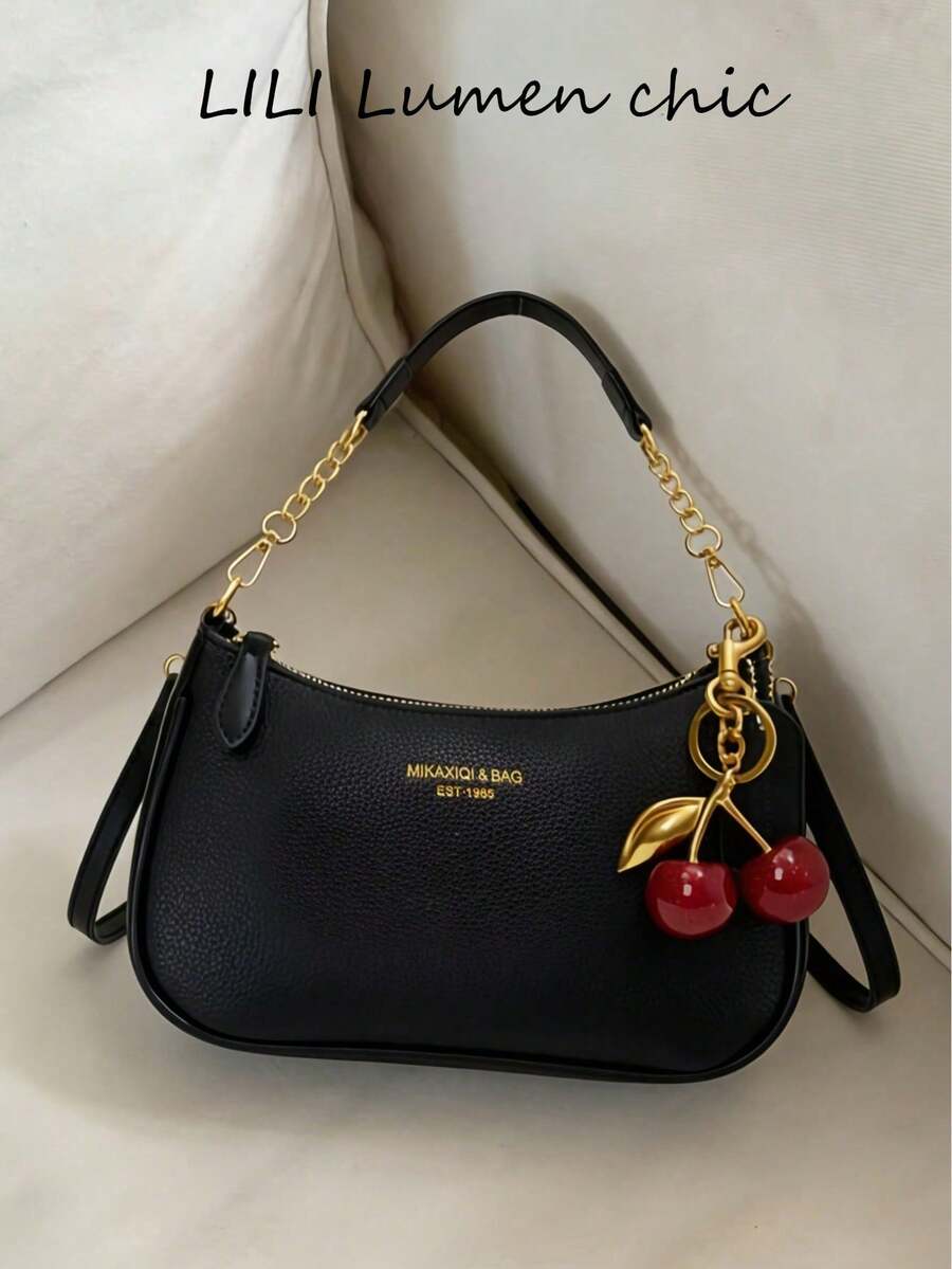 Nuevo bolso de moda clásico y versátil con diseño gráfico de letras, unicolor, material impermeable de PU, bolso de hombro, bolso de axila, adecuado para compras, decorado con colgante de cereza, bolso de media luna de verano, adecuado para vacaciones en la playa, temporada de regreso a la escuela, cartera de mujer - Negro - Ver 1