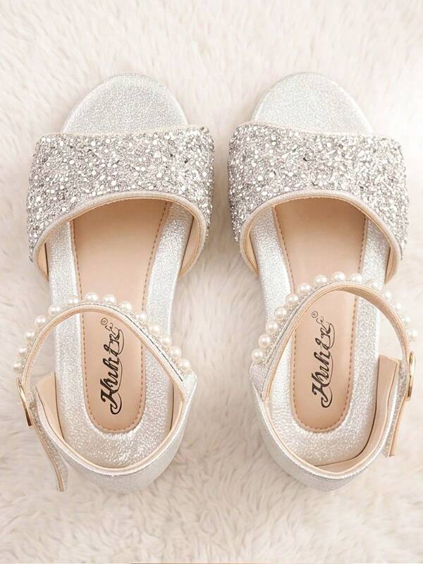 Kids Silver Sequined Princess Sandals, Comfort Flat Pearl Strap School Shoes For Summer Daily Wear
