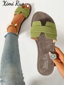 Ximi Ruo 女款韓式休閒平底拖鞋，露趾編織羅馬涼鞋，春夏秋新款法式女鞋，適合戶外穿著、沙灘、居家，可搭配裙子，平底女鞋 - 綠色 - 查看 8
