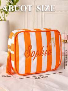 1pc Personalized Embroidered Makeup Bag, Customized Name Striped Cosmetic Bag, Bridesmaid Gift, Travel Toiletry Bag, Customized Jewelry Storage Bag, Valentine's Day Gift, Christmas Gift - Multicolor - View 10