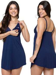 Camisola Amamentação com Renda Abre Fácil Gestante Grávida Pijama Conforto Pós Parto Maternidade Microfibra - Azul Marinho - Visão 1
