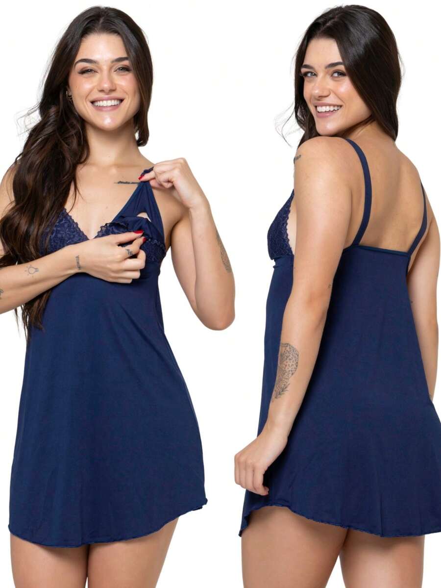 Camisola Amamentação com Renda Abre Fácil Gestante Grávida Pijama Conforto Pós Parto Maternidade Microfibra - Azul Marinho - Visão 1