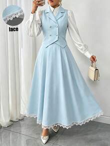 Setelan 2 Potong Elegan Wanita Warna Polos dengan Kerah Ganda dan Tanpa Lengan, Cocok untuk Musim Panas - MultiWarna - View 3