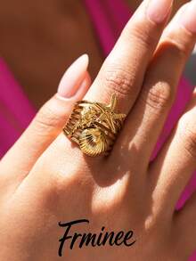 Frminee 1件夏季海洋風海星貝殼金色不鏽鋼戒指，適合日常配戴，海灘飾品，度假禮物 - 彩色 - 查看 5